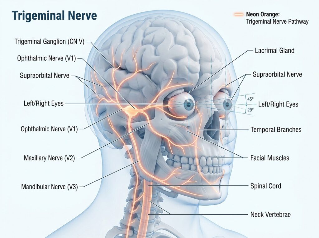 Anatomy diagram illustrating the trigeminal nerve pathway across the head, eyes, jaw, and neck vertebrae.