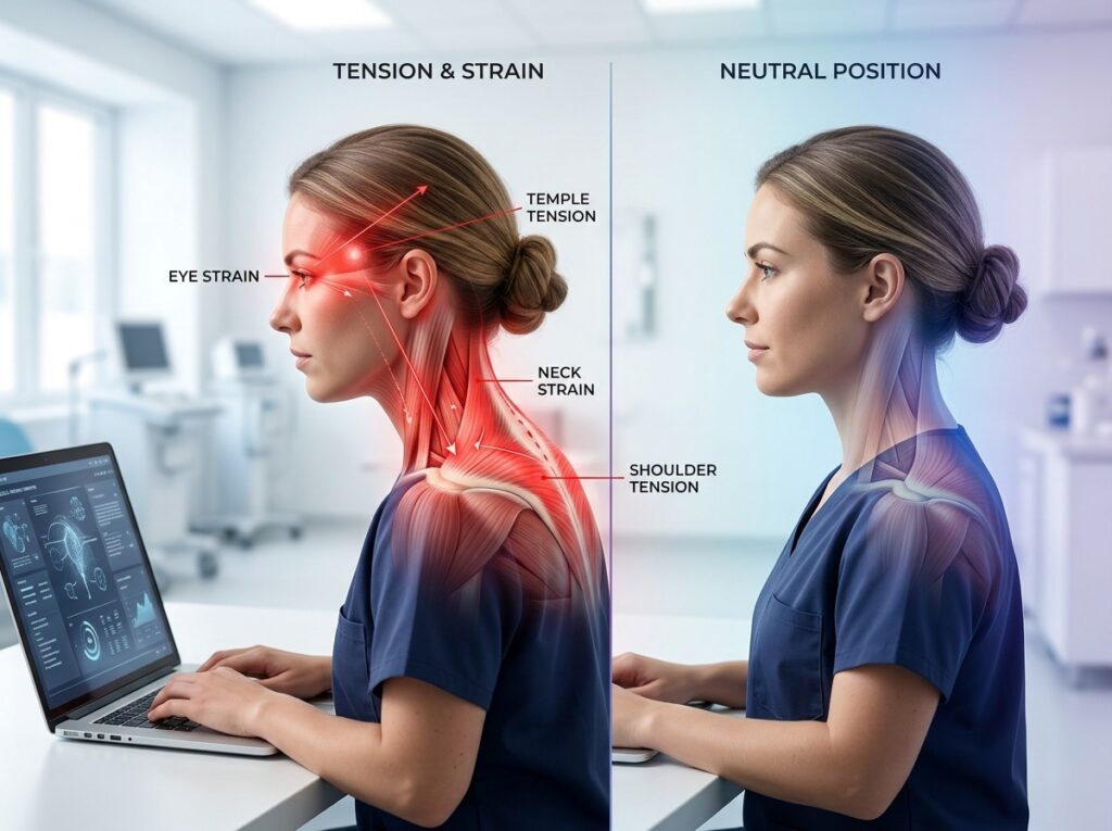 Side-by-side comparison diagram showing a woman experiencing eye strain, temple tension, neck strain, and shoulder tension on the left versus a relaxed neutral alignment position on the right.